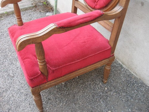 POLTRONA DECO' 1940 STOFFA ROSSA - NOCE MASSELLO PATINA NATURALE - POCO RESTAURO - Foto 5 di 10