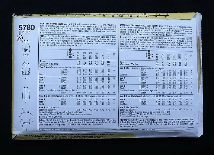 Simplicity 5780 Men's Set of Lined Vests 1982 Vintage Pattern chest sz 42" Cut - Image 2 of 2