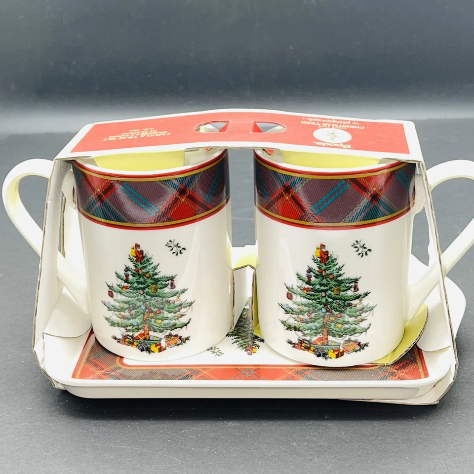 Spode Christmas Tree Tartan Set of 2 Mugs & Tray, 10 ounce Mugs New in box - Image 2 of 4