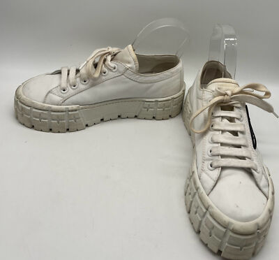 Prada White Double Wheel Flatform Logo-Enamel Lace-Up Sneaker sz