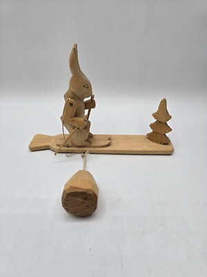 VINTAGE RUSSIAN HAND CARVED WOODEN SKIING RABBIT TWIRLING BALL TOY
