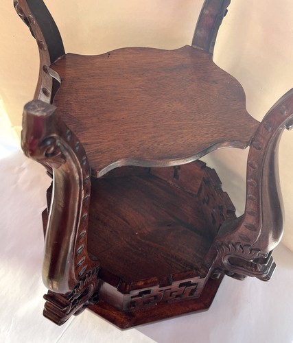 Antique Chinese Carved Wood Stand w/ Dragons on 4 Legs. Open Work Rosewood 13.5" - Picture 12 of 12