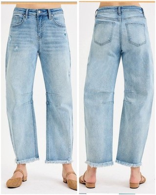 Risen Jeans - High Rise Slouchy Crop Barrel Distressed Jeans (27'' Inseam)