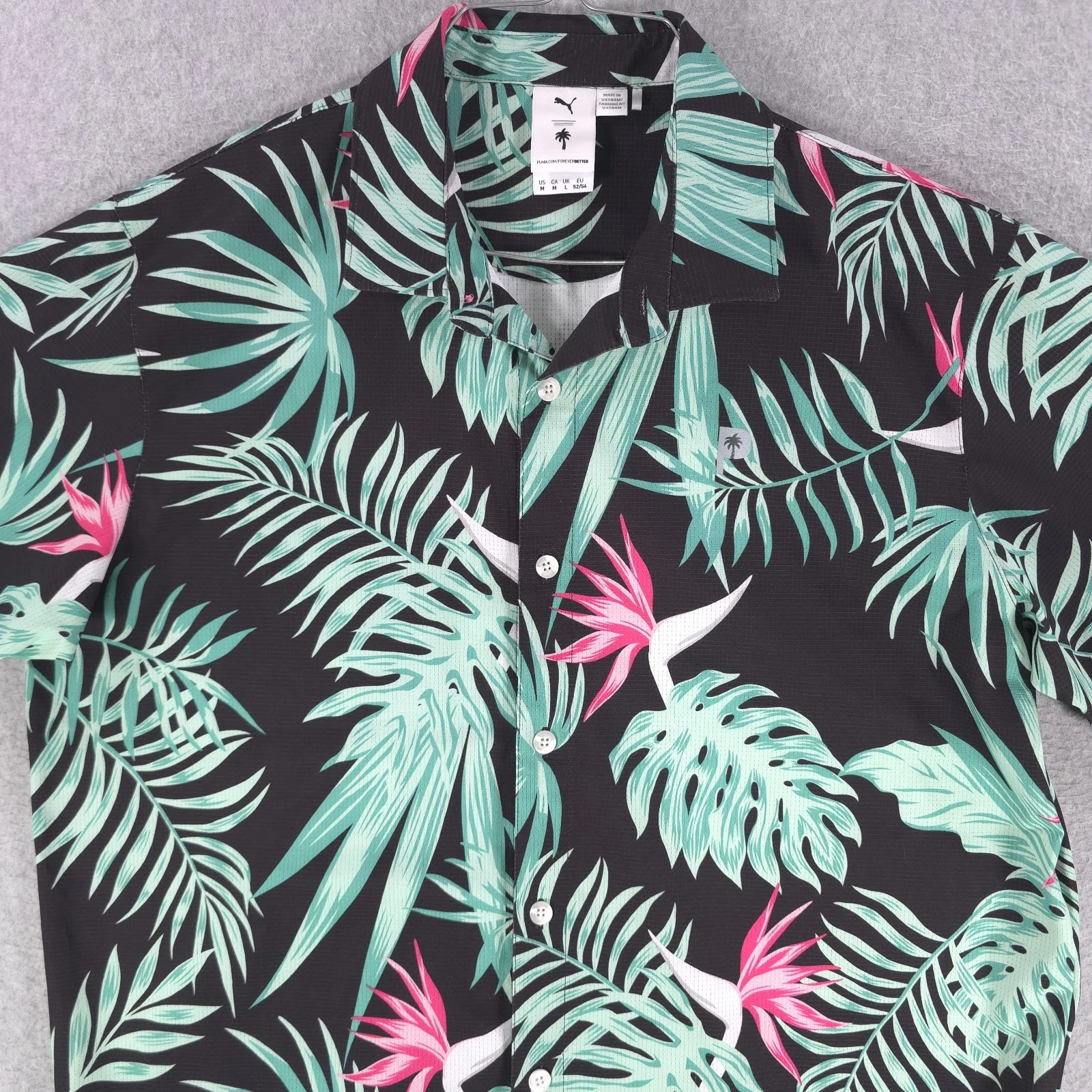 PUMA PTC Floral Hawaiian Palm Tree Crew Golf Perforated Button Shirt Mens Medium