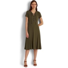 Lauren Ralph Lauren Women Olive Green Jersey Casual Lace-Up Midi Dress Size 10