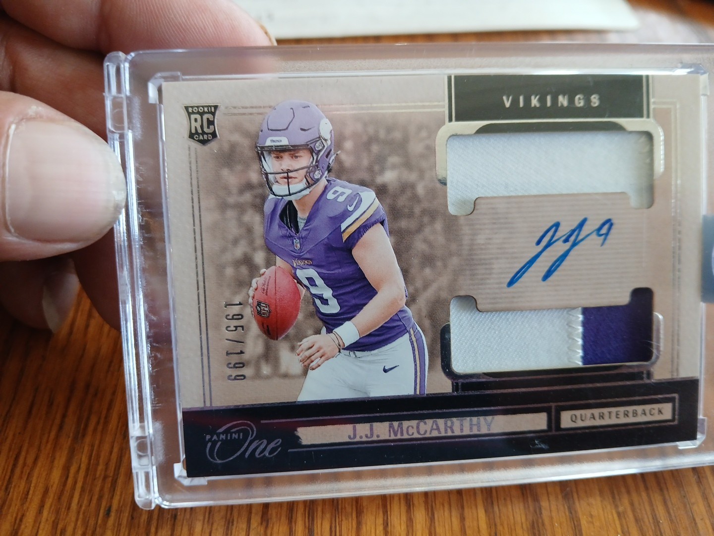 2024 Panini One - Rookie Dual Patch Autographs J.J. McCarthy #31 /199 (AU, MEM,