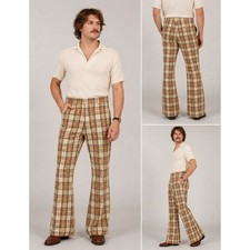 Vintage 60s 70s Woven Plaid Flare Leg Trousers Pants Mens 35 x 31 Tan Hipster