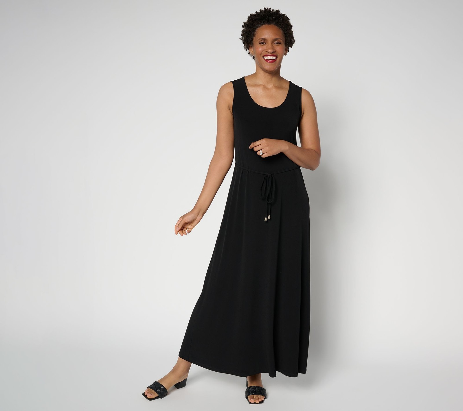 Susan Graver Women's Dress Sz XL Liquid Knit Belted Scoop Neck Maxi Black