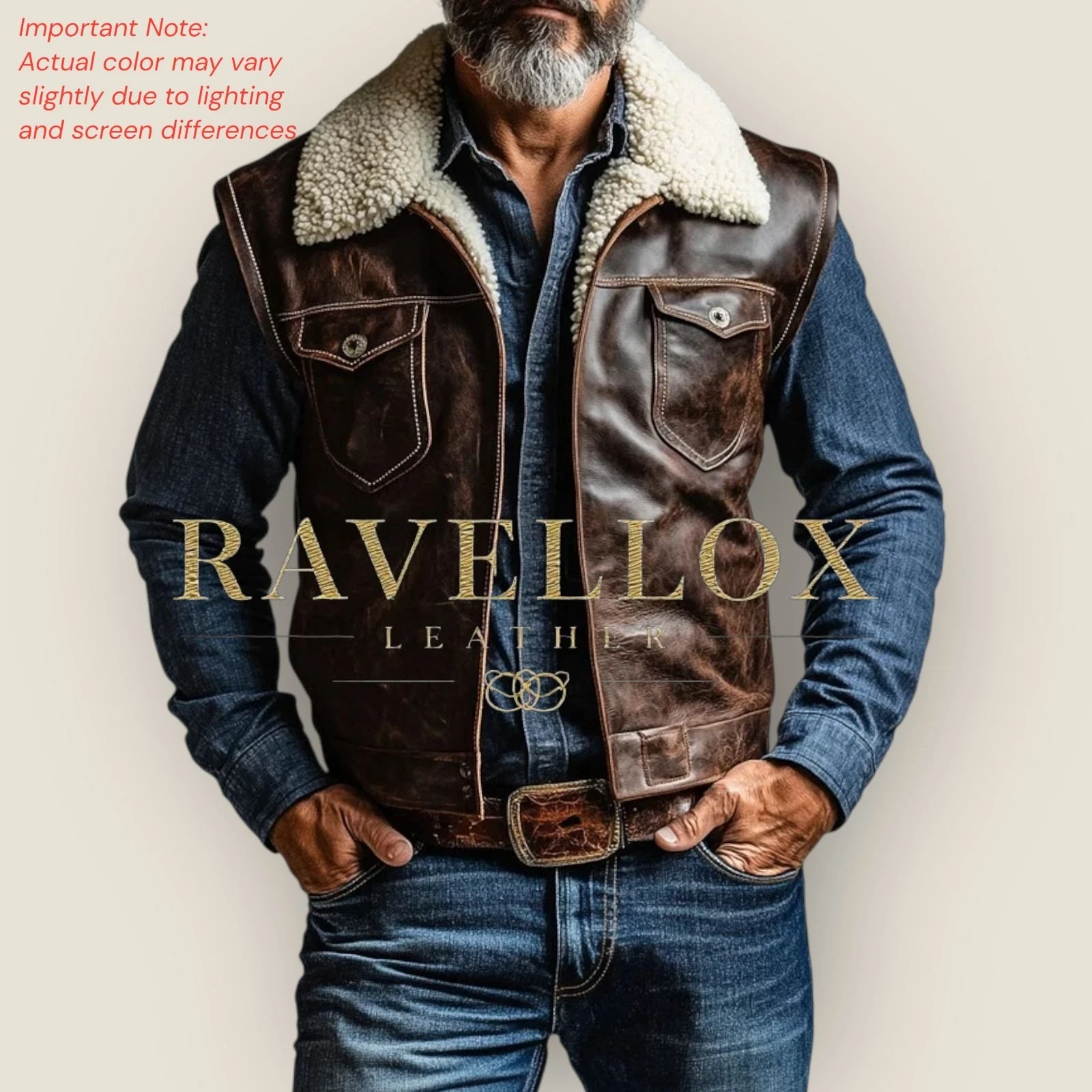 Men’s Vintage Brown Leather Vest Shearling Collar Western Cowboy Style
