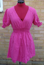 ZARA Fuchsia Pink Elastic Waist Linen Blend V-Neck Short Dress - Size S - NEW