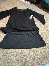 Women's Black Floral Lace Shift Dress Knee Length Scoop Neck 3/4 Bell M