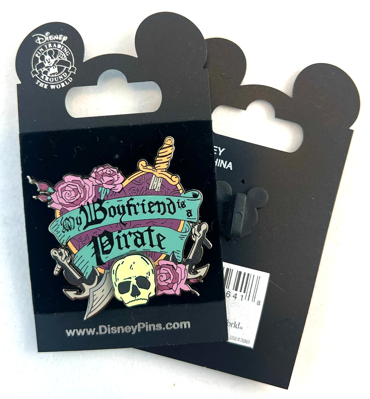 New Disney Pin My Boyfriend is a Pirate Tattoo Skull Rose Glow in Dark 3D Purple