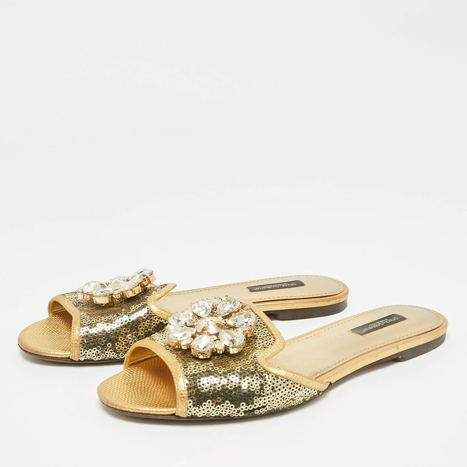 Dolce Gabbana Gold Sequins and Leather Sofia Crystal Embellished Slide Flat - Image 2 of 4