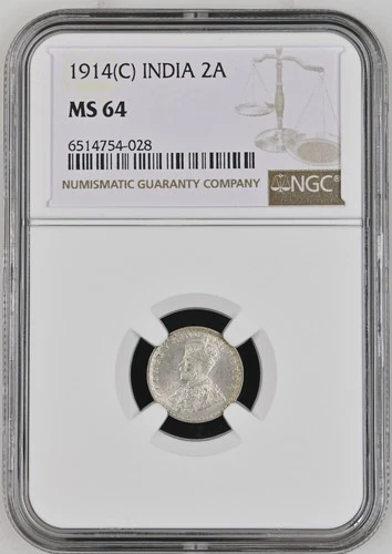 British India 1914 C Silver 2 Anna NGC MS-64