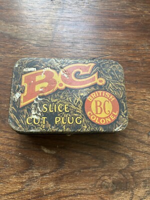 ANTIQUE B.C. BRITISH COLONEL SLICE CUT PLUG HINGED TOBACCO TIN - EMPTY