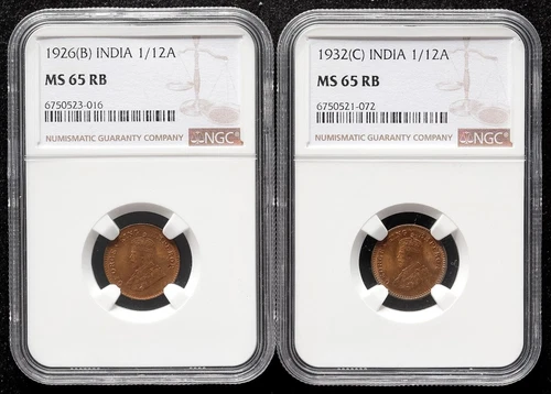 British India 1⁄12 Anna UNC TWO COINS: 1926 NGC MS 65 RB, 1932 NGC MS65 RB