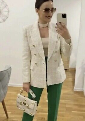 ZARA TEXTURED TWEED DOUBLE-BREASTED BLAZER ECRU SIZE S 7609 ZARA TEXTURED TWEED DOUBLE-BREASTED BLAZER ECRU SIZE S 7609