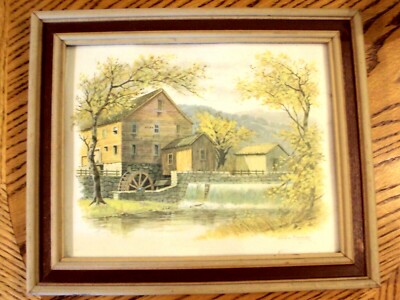 John E Bradley Litho Print Grist Mill Picture Wall Art 10'' x 12'' Wood Frame
