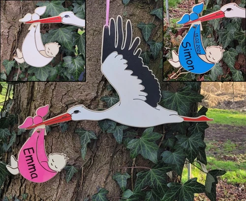 Storch zur Geburt mit Namen personalisiert Geschenk Klapperstorch 50cm breit