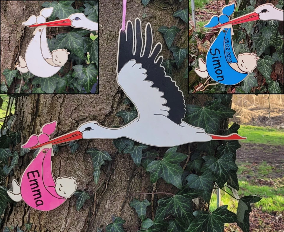 HANDGEFERTIGT Storch zur Geburt mit Namen personalisiert Geschenk Klapperstorch 50cm breit