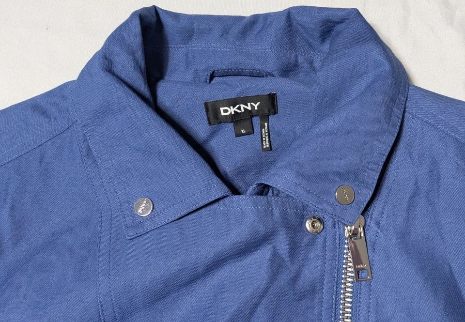 Chaqueta de motocicleta DKNY para mujer talla XL azul rayón nailon cremallera asimétrica manga larga Foto 3 de 4