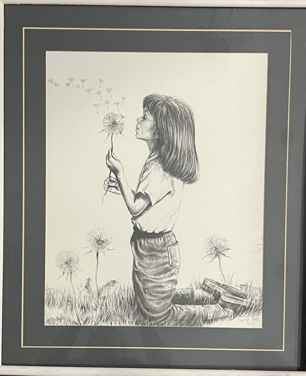 Alone with a dandelion. 小型油絵 抽象画 ハンドメイド Rare MCM Original Drawing Of Young Girl Blowing A Dandelion Signed