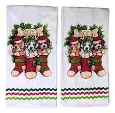 Set of 2 CHRISTMAS STOCKING PUPPY DOGS Terry Kitchen Towels by Kay Dee Designs