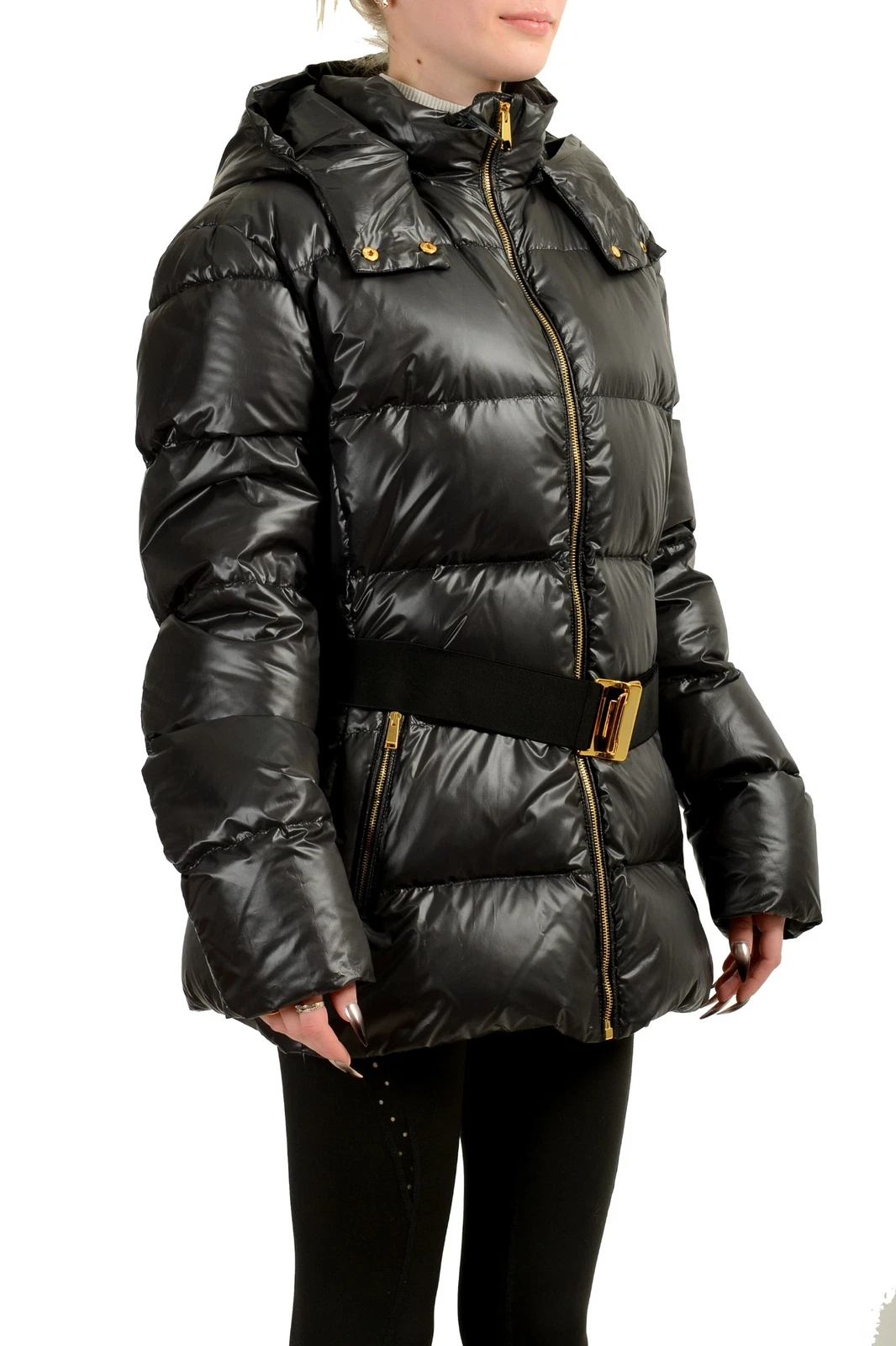 Giacca parka donna Versace nero piumino con cintura e cappuccio staccabile US XL IT 46