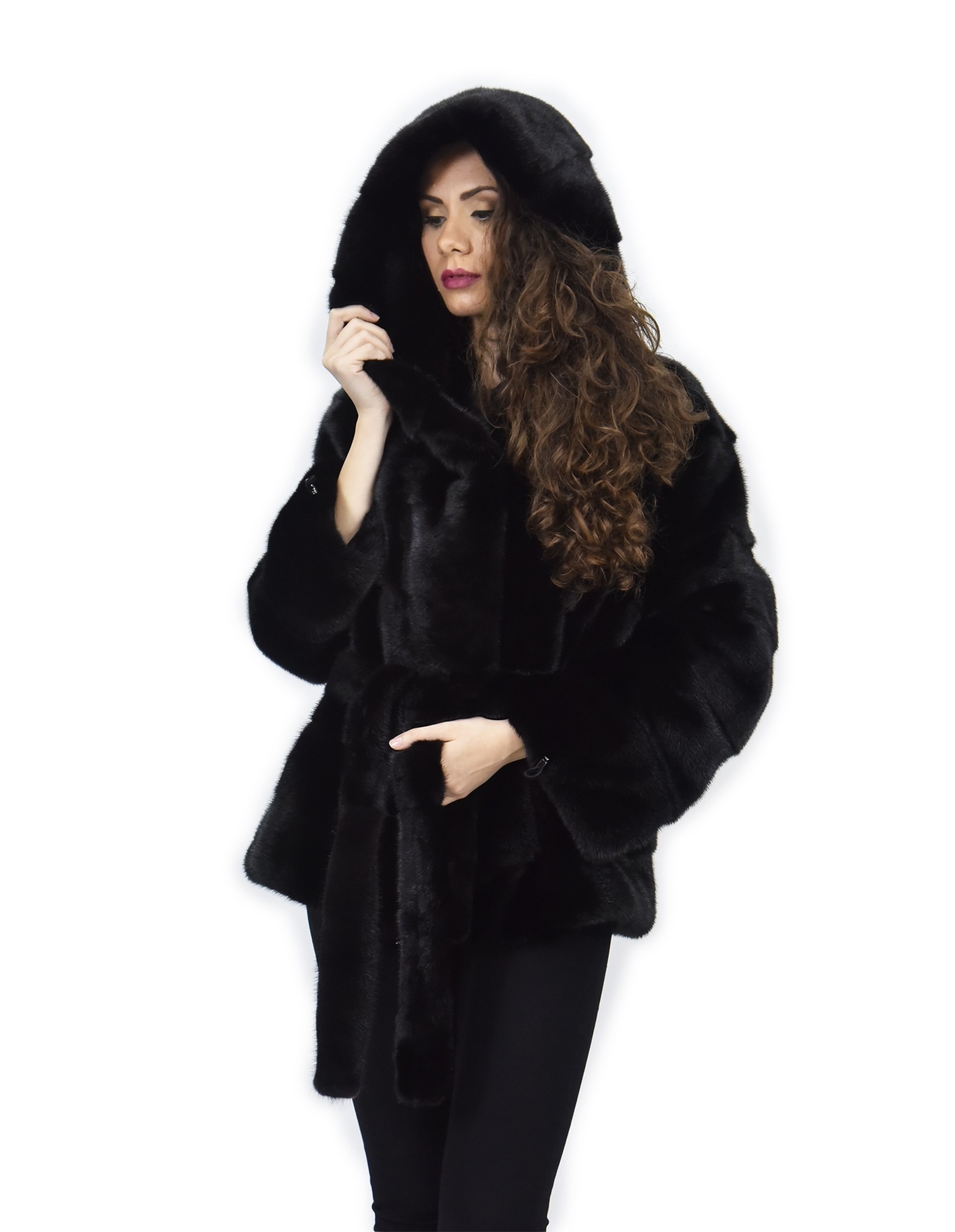 Black hooded mink fur coat with drawstring hem and cuffs size 48