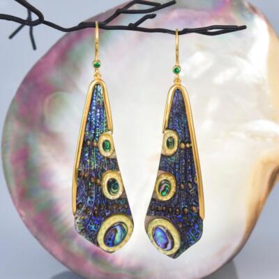 Libellen Flügel Ohrringe Mit Abalone-Muschel Schnitzerei Gold Vermeil Sterling