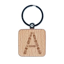 Elegant Botanical Floral Letter A Engraved Wood Square Keychain Tag Charm