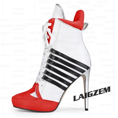 Women Ankle Boots Patchwork Thin High Heels Short Boots Lace up Ladie Shoes Woma