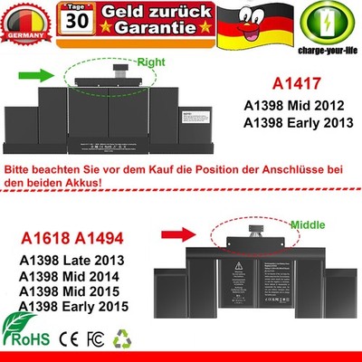 A1618 A1494 Akku für MacBook Pro 15''A1398 Retina Ende 2013 Mitte 2014 2015/A1417
