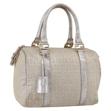 FENDI Zucchino Canvas Hand Bag Silver Auth 160139