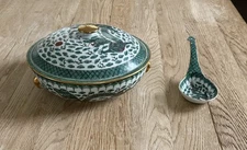 Chinese Famille Verte Soup Tureen & Serving Spoon Green Dragon