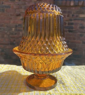 Vintage Indiana Glass Diamond Point Amber Fairy Lamp Ribbed Sides Footed Base