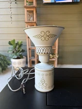 Vintage MCM Tole Lamp with Metal Shade Ivory Gold White French Country Tin
