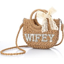 Bride Gift Bride Straw Purse Mrs Handwoven Bag Rhinestone Letter Bag Bachelor...