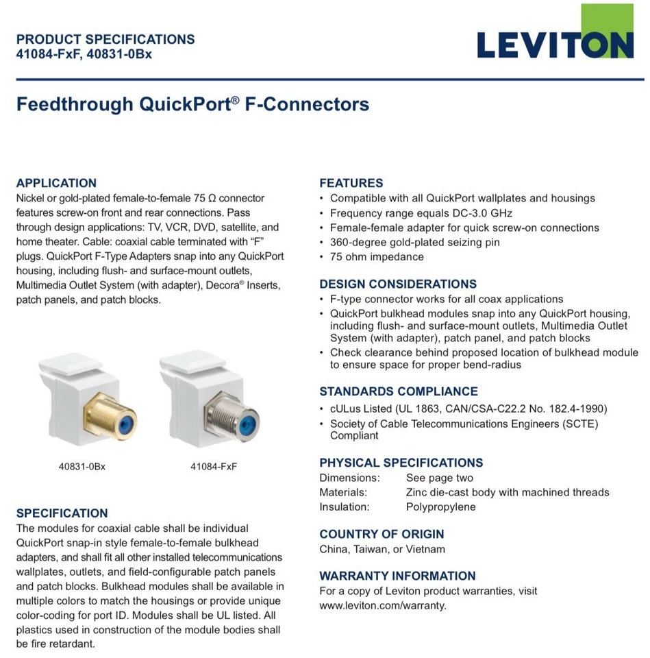 2pk of LEVITON 41084-FWF QuickPort F-Type Adapter, White **SHIPS FREE** - Image 3 of 4