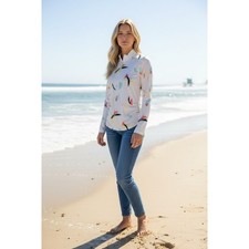 Carve Designs Rash Guard Womens White Abstract Print Side Cinch Quarter Zip S