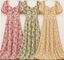 Women's Floral Puff Sleeve Long A-Line Dress Floral Ruffle Pink Green Yellow S/M