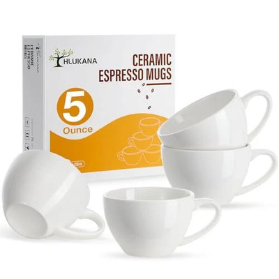 Hlukana Porcelain Espresso Cups Set of 4 5 oz Mini Coffee Mugs White