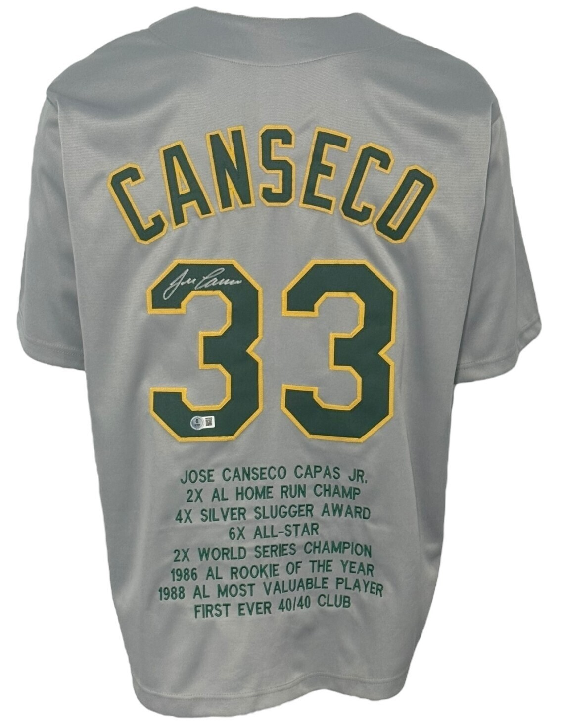 Oakland A's Jose Canseco Autographed Signed Pro Style Grey Stat Jersey BAS Authentic... 