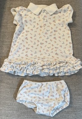 Polo Ralph Lauren Baby Girl 12M Floral Polo Ruffle Dress & Bloomers Pink & White