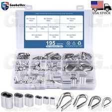 195Pcs 304 Stainless Steel Wire Rope Cable Thimbles and Aluminum Crimping Loop