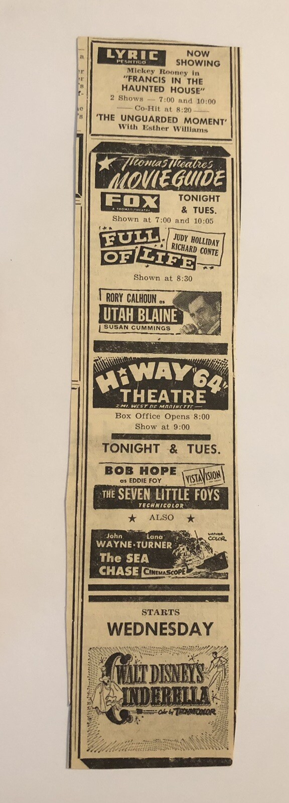 Vintage Movie Theater Showings Cinderella & More Newspaper Ad 0C25