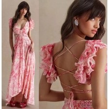 NEW Mac Duggal 9161 Pink Floral Ruffle Shoulder Lace Up Maxi Gown Formal Size 0