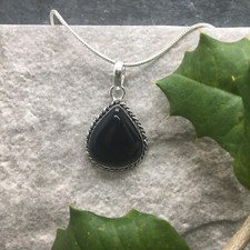 18" Black Onyx Gemstone Necklace 1.75  Pendant 925 Silver Plated New 4615