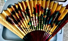 Vintage Asian Fan Hanging Wall Décor Hand-Painted Dragons Lacquer 20"