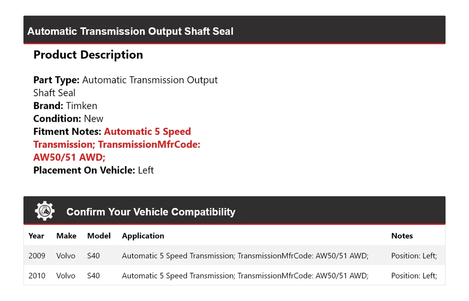 Sello del eje de salida de transmisión automática Timken izquierdo para Volvo S40 2009-2010 Foto 2 de 4